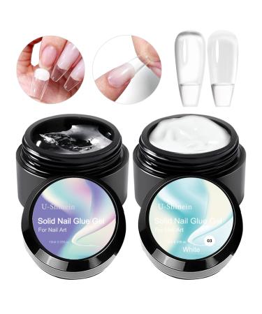 U-shinein 2x10ml Solid nail glue gel pink nude nail tip glue gel for acrylic nails press on solid glue gel solid gel polish nail art manicure glue gel need longer cure transparent+white