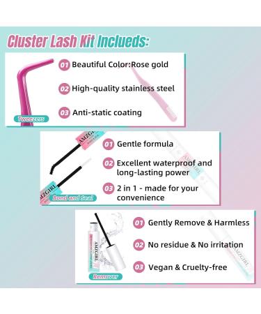 AMZGIRL Lash Extension Kit - Individual Eyelash Clusters Wispy Lash Bond & Seal Remover & Applicator Home Use (Feather5 D-Mix 8-16mm - Buy Online on GoSupps.com
