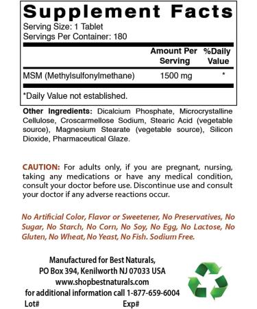 B est Naturals MSM 1500mg Tablets - 180 Count | Pure MSM Supplement for Joint Health - Buy Online on GoSupps.com