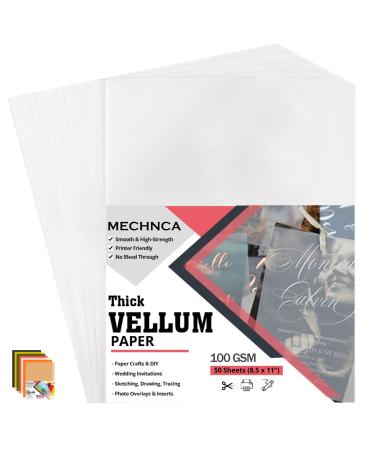 Vellum Paper 8.5 x 11 Translucent Printable - Pack of 50 - Tracing Paper for Drawing 100 GSM Printable Vellum Paper for Invitations - Transparent Paper for Envelopes, Sketching, Wedding Cards White