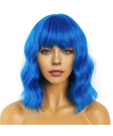 LANCAINI Short Bob Wigs with Bangs for Women Loose Wavy Blue Wig Curly Wavy Shoulder Length Bob Synthetic Cosplay Wig for Girl Colorful Costume Wigs(Blue) - Buy Online on GoSupps.com