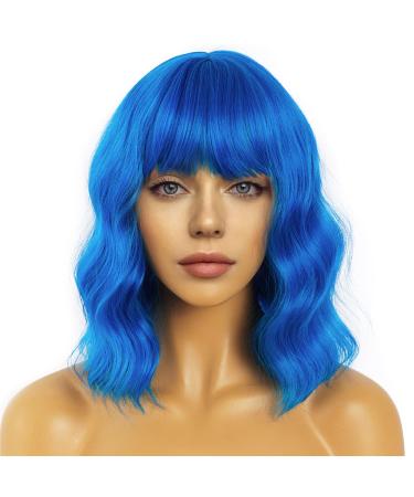 LANCAINI Short Bob Wigs with Bangs for Women Loose Wavy Blue Wig Curly Wavy Shoulder Length Bob Synthetic Cosplay Wig for Girl Colorful Costume Wigs(Blue)