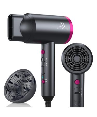 Hair Dryer with Diffuser Portable Blow Dryer for Curly Hair for Women/Men 1800 Watt Ionic HairDryer Blow Dryer with Nozzle for Fast Drying as Salon Lightweight Grayish-black