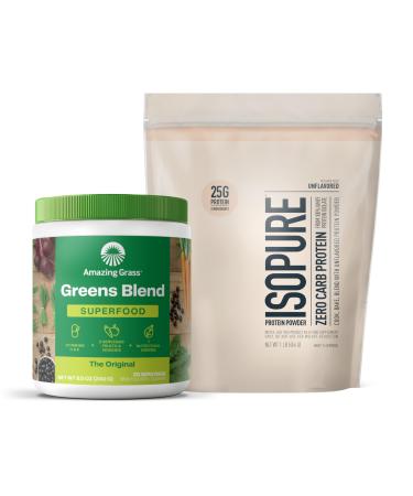Build Your Smoothie Best Seller Bundle- Isopure Unflavored Zero Carb Protein Powder (16 Servings) and Amazing Grass Greens Original Blend Superfood (30 Servings)