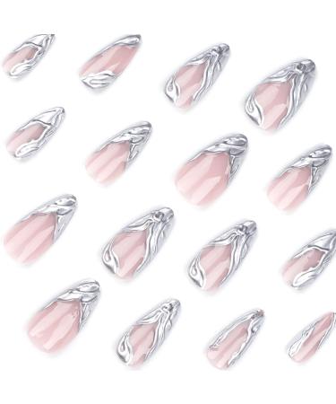 French Tip Press on Nails - Medium pointed tip Press On Nails with Nail Tips Silver Almond Shaped Design press on nails Acrylic False Nails Cute Artificial Nails - Buy Online on GoSupps.com