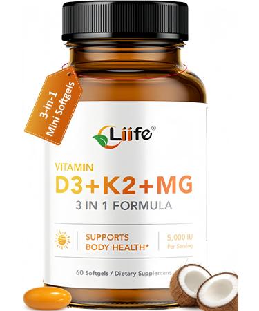 LIIFE Vitamin D3 K2 Magnesium Supplement 5000 IU with Vitamin B6 60 Softgels 3 in 1 K2 D3 Vitamin Supplementfor Bone Heart Immune & Mood Health Energy