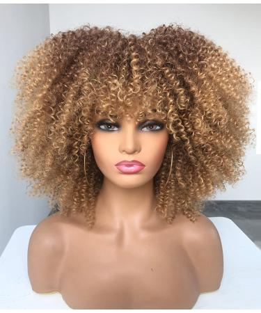 Annivia Ombre Blonde Afro Short Kinky Curly Wig with Bangs for Black Women Curly Wig 14 Inch Ombre blonde