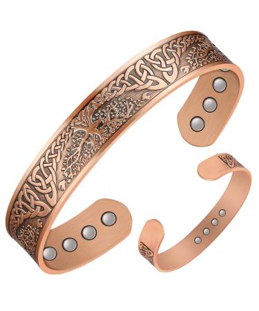 Jeracol 12Pcs Copper Magnetic Bracelet for Men Women for Valentine's Day Gift Tree of Life 100% Solid Copper Cuff Bangle with 3500 Guass Magnets Adjustable Size Brazaletes with Jewellry Gift Box 12m-tree