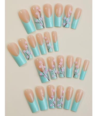 24pcs Peach Flower Coffin Fake Nail Flower Tree Decor Press on Nails Pink Blue Coffin Nails Luxurious Nails Acrylic Nails Fake Nails For Women Girls - Buy Online on GoSupps.com