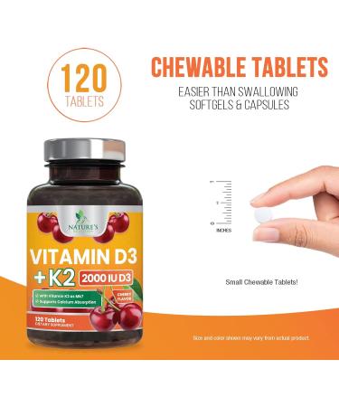 High Potency Vitamin D3 + K2 (MK-7) 2-in-1 Formula - 120 Chewable Tablets for Heart, Bone & Immune Health - Buy Online on GoSupps.com