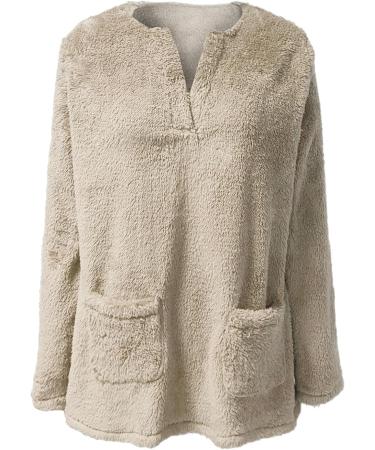 AMhomely Women's Plus Size Teddy Fleece Hoodie - Soft V-Neck Pullover Sweatshirt with Pocket for Winter Lounge Wear - Khaki - Buy Online on GoSupps.com