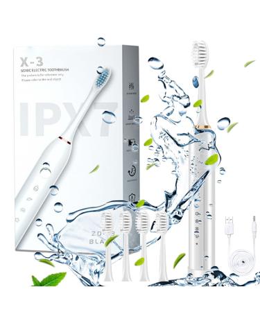 Electric Toothbrush for Adults with 4 Brush Heads and 6 Cleaning Modes Smart 20-Speed Timer Electric Toothbrush Ipx7 Rechargeable Power Toothbrush Longer Life Faster Charging White