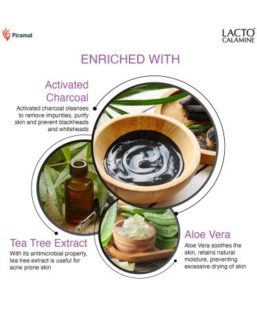 Lacto Calamine Activated Charcoal Face Wash with Aloe Vera & Tea Tree Extract - Deep Skin Detox, 100ml - Paraben & Sulphate Free - Buy Online on GoSupps.com