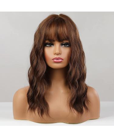 HAIRCUBE Short Brown Curly Wavy Bob Wig with Bangs - Heat Resistant Synthetic Honey Brown Wig for Women - Buy Online on GoSupps.com