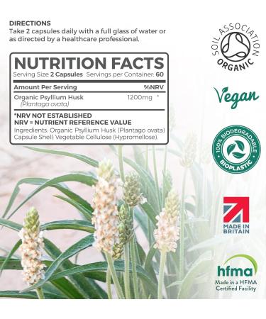 Organic Psyllium Husk Capsules 1200mg | High Strength Fibre Supplement | 120 Vegan Capsules | Natural Stool Softener by London Herbs - Buy Online on GoSupps.com