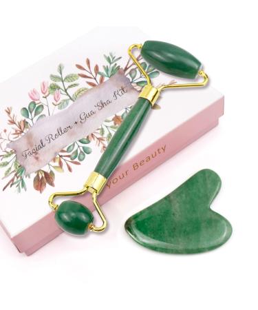 Jade Roller & Gua Sha Set 100% Natural Facial Roller and Body Massage Skin Care Tools for Beauty Increase Blood Circulation Lymphatic Drainage & Reduce Wrinkles and Puffiness - Dark Green