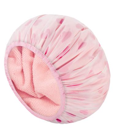 Auban Shower Cap, Shower Cap for Women Terry Cloth Lined EVA Exterior Reusable Double Layer Waterproof, Large Bath Hair Cap for All Hair Lengths, Hotel Travel Essentials Accessories Deep Conditioning Hair Care Cleaning Supplies(Pink) Heart