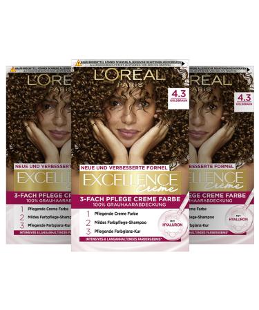 L'Or al Paris Permanent hair color 100% gray -hair cover hair dyet with coloring shampoo and 3 -way care cream color excellence cream 4.3 golden brown 3 x 268 g No. 4.3 - golden brown pack