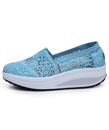 Yeteepot walking shoes women SLIP on sneakers wedge heel slip shoes fitness sneakers running shoes light breathable leisure shoes 40 EU Z light blue