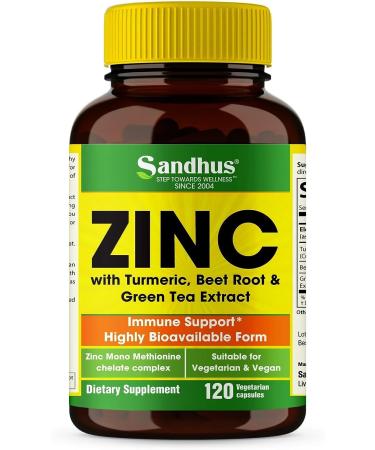 SPEC Zinc 30mg High Potency Highly Absorbable Bioavailable for Immune Support with Turmeric 120 Vegetarian Capsules (4 Month Supply)