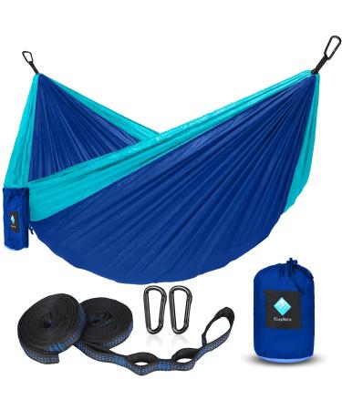 Double Hammocks for Camping, Portable Parachute Hammock for Outdoor Hiking Travel Backpacking - Hammocks Swing for Backyard & Garden 78''W 118''L (Blue/Sky Blue)