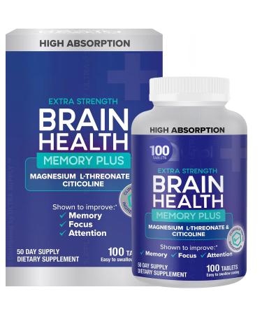 QNL Brain Health Memory Plus - Magnesium L-Threonate & Citicoline Tablets - Supports Focus Memory & Attention - High Absorption Caffeine-Free Easy to Swallow - 100 Count (50-Day Supply)