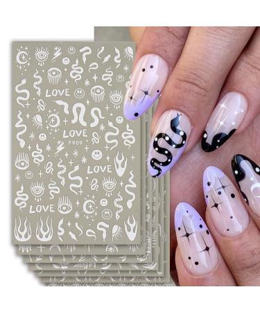 7 Sheets White Nail Art Stickers Butterfly Snake 3D Self-Adhesive Nail Decals Summer Stars Sun Line Designs Nail Decorations Moon Leaf Rose Nail Accessories for Women Girls DIY Manicure Supplies