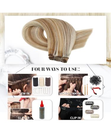 Moresoo Medium Brown Platinum Blonde Double Weft Hair Extensions 18 Inch - Sew in Human Hair Extensions 100g - #P6/60 - Buy Online on GoSupps.com