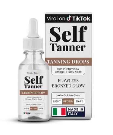 Team Tan Self Tanning Drops - Fully Customizable Body and Face Tanning Drops Active Skincare Ingredients Enriched Self Tanner Kit for Fake Tan No Streaks or Nasty Smell (Medium)