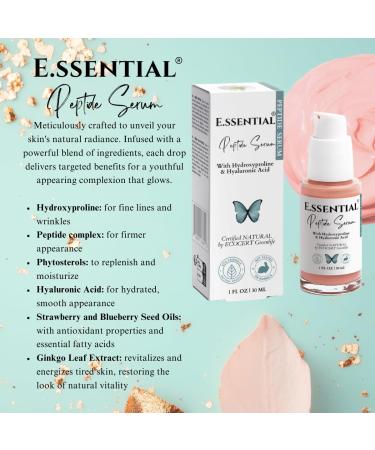 E.ssential Peptide Serum 1 fl oz enriched with phytosterols and glycolipids contains Jojoba Oil Strawberry and Blueberry Seed Oils Hyaluronic Acid Aloe Vitamin E and Ginko Biloba - Buy Online on GoSupps.com