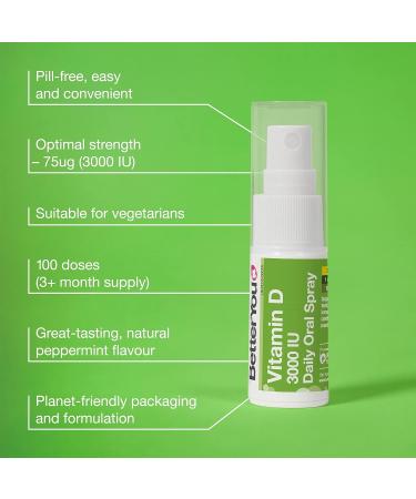 BetterYou Vitamin D3 Spray 3000 IU Immune Support Supplement - 0.507 Fl Oz (100 Sprays) Peppermint Flavor - Buy Online on GoSupps.com
