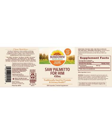 Sundown Naturals Saw Palmetto 450 mg - 250 Whole Herb Capsules for Menâ€™s Health - Buy Online on GoSupps.com