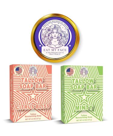 Eat My Face Grass-Fed Tallow Night Cream & 2 Soap Bars Citrus & Mint Hydrating Face & Body Moisturizer Anti-Aging Organic Skincare for Men & Women