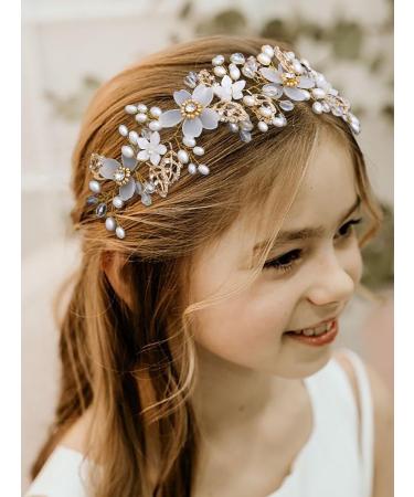 IYOU Flower Girl Headpiece Gold Flower Pearl Headband Leaf Crystal Bridal Wedding Hair Accessories for Girls