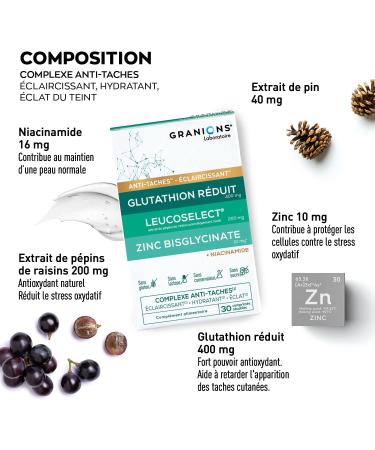 GRANIONS - COMPLEXE ANTI TACHE VISAGE Glutathion Vitamine C Zinc bisglycinate Selenium Niacinamide - clat Uniformit du Teint claircissant Hydratant Visage - Fabriqu en France - 1 MOIS - Buy Online on GoSupps.com