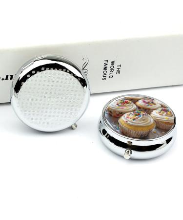 Round 3-Compartment Pill Organizer - Decorative Portable Metal Pill Box with White Icing Print | Perfect Travel Medicine Case - Buy Online on GoSupps.com