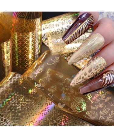 Gold Nail Foil Transfer Stickers Nail Art Supplies Holographic Laser Star Moon Flower Heart Abstract Face Designer Nail Stickers 3D Glitter Line DIY Design Manicure Accessories Decoration 16 Sheets