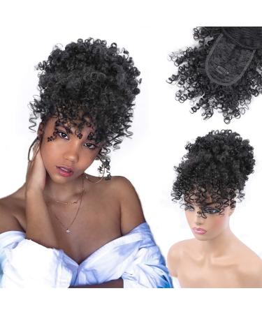 ENTRANCED STYLES Drawstring Ponytail with Bangs Afro Puff Ponytail Extensions for Women Short Curly Puff Ponytail with Bangs Clip in Wrap Updo Hairpiece(1B)
