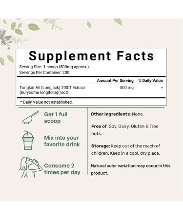 Tongkat Ali Extract 200:1 Concentrate Longjack Powder 100g | Pure Eurycoma Longifolia Root Extract | Grown in Indonesia | Bitter Taste | Non-GMO | 3.53oz (1 Pack) - Buy Online on GoSupps.com