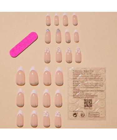 NICENEEDED 24 PCS Almond Press on Nail with Flowers Bling Short Coffin French false Nails Glitter Oval Nude Nail Tips Artificial Full Cover Acrylic Nails for Women and Girls Sequin-Flower - Buy Online on GoSupps.com