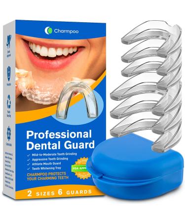 Charmpoo Mouth Guard for Grinding Teeth-Mouth Guard for Clenching Teeth at Night-Pack of 6 with 2 Sizes-Night Guard Stops Bruxism, Tmj & Eliminates Teeth Clenching R Transparent
