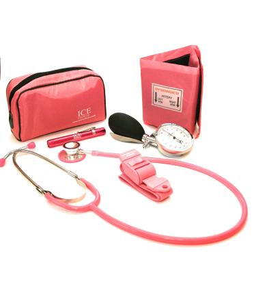 Pink Aneroid Blood Pressure Monitor Sphygmomanometer Stethoscope Pen Light (Pen Torch) and Tourniquet - GP Set