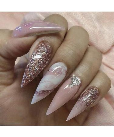 JUSTOTRY 24 Pcs Marble Stiletto Fake Nails Long Rose French Press on Nails Patterns Glitter Almond Stick on Nails for Women Acrylic Extra Long False Nails Long with Glue for Nail Art rose& Stiletto 1