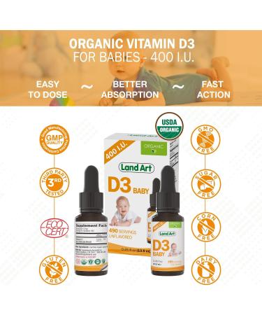 Land Art Certified Organic Vitamin D3 Drops for Baby 400 IU per Drop Development and Maintenance of Bones and Teeth 490 Servings - 0.45 Fl Oz - Buy Online on GoSupps.com