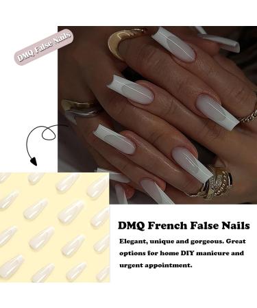 24Pcs Long French False Nails - White Coffin Press On with Nail Glue | Acrylic Stick On, Full Cover French Tips for Women | Nude White French Nail Art - Buy Online on GoSupps.com