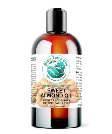 Bella Terra Oils - Organic Sweet Almond Oil 16 oz - Harnessing Almond s Rich Vitamin A & B Profile Cold-Pressed Ideal for Radiant Skin 16 Ounce