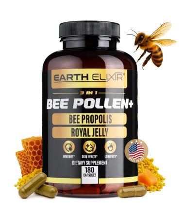 Earth Elixir 3-in-1 Organic Bee Pollen Capsule Non-GMO Pure Raw Bee Pollen Royal Jelly Propolis Extract for Women & Men Natural Energy Immune & Vitality Support 180 Propolis Capsules