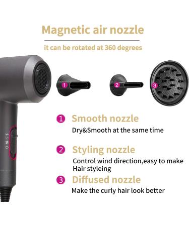 Professional Ionic Hair Dryer Low Noise Blow Dryer 1800W Fast Drying Negative Hairdryer Blowdryer with 2 Concentrator Nozzle 1 Diffuser Attachments for Home Salon Travel - Buy Online on GoSupps.com