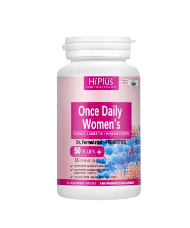 HiPlus Probiotics for Women Once Daily Doctor-Formulated Supplement with 50 Billion CFU, 16 Strains & Organic Prebiotics, Supports Gut, Vaginal & Immune Health, Dairy-Free, 60 Count