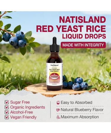 NATISLAND Liposomal Red Yeast Rice with Coq10 Liquid Drops, Red Rice Yeast 1200mg for Cholesterol Support, with Citrus Bergamot, Omega-3 & Astaxanthin for Heart Health, Vegan, Blueberry, 2 FL OZ - Buy Online on GoSupps.com